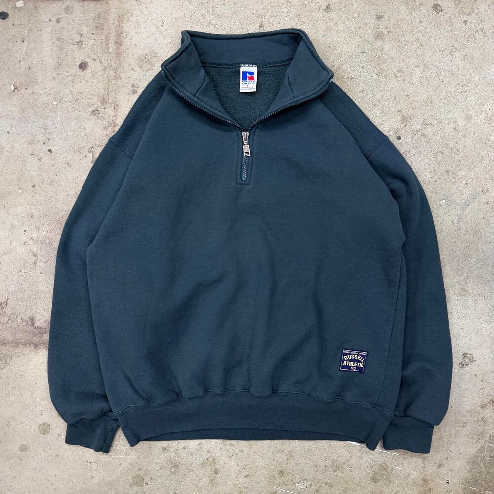 Vintage 90s Russell Athletic Quarter Zip Sweatshirt USA Made Dark Teal Green L - Picture 9 of 9
